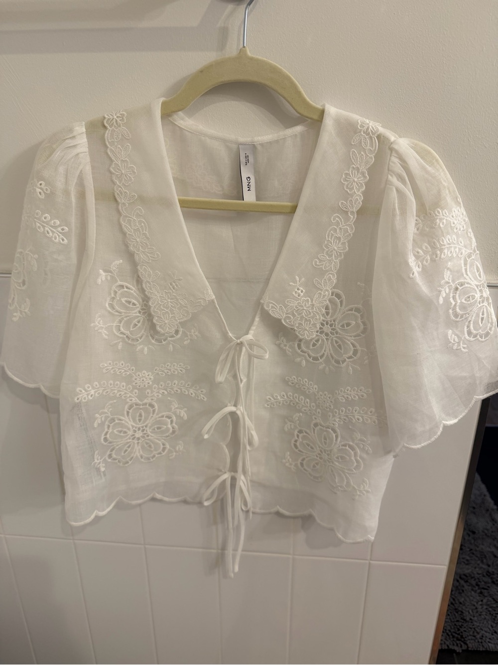 Mango White Embroidered Lace-Up Crop Blouse
